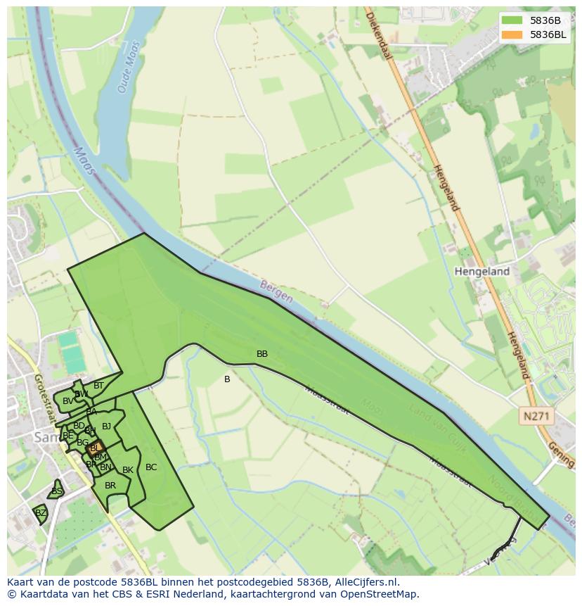 Afbeelding van het postcodegebied 5836 BL op de kaart.