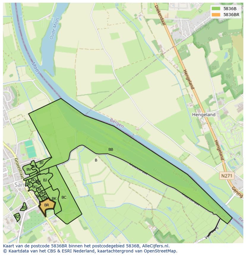 Afbeelding van het postcodegebied 5836 BR op de kaart.