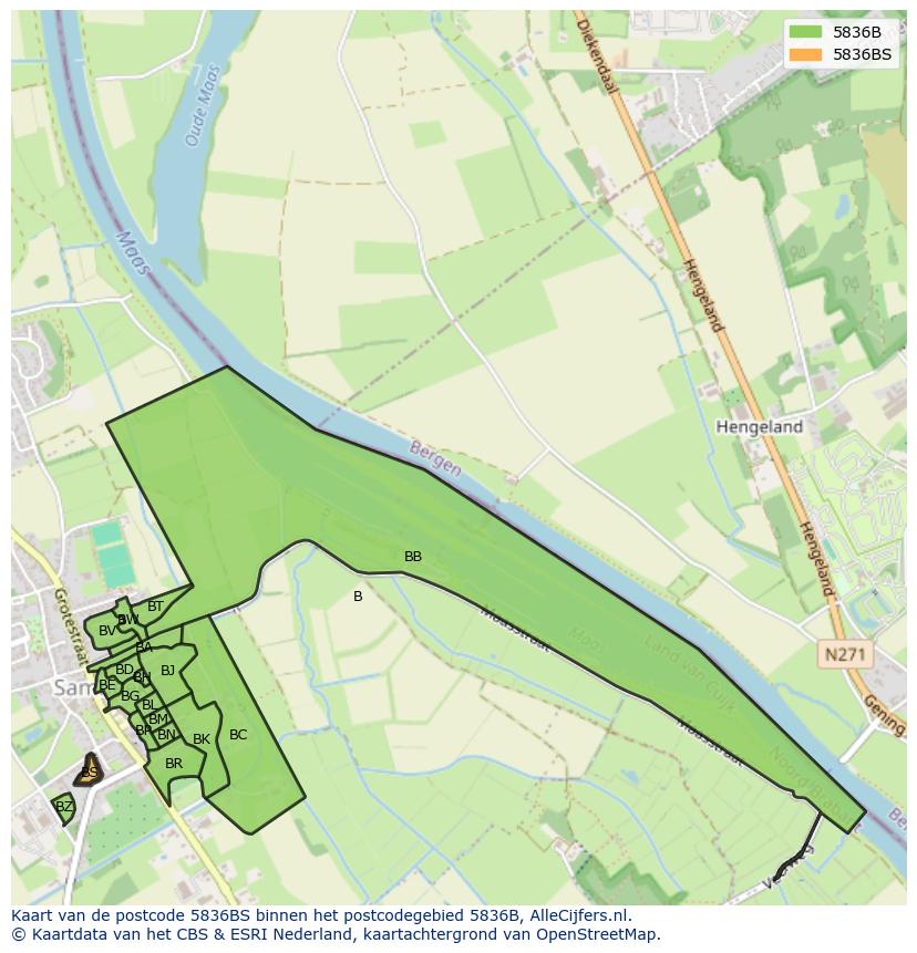 Afbeelding van het postcodegebied 5836 BS op de kaart.