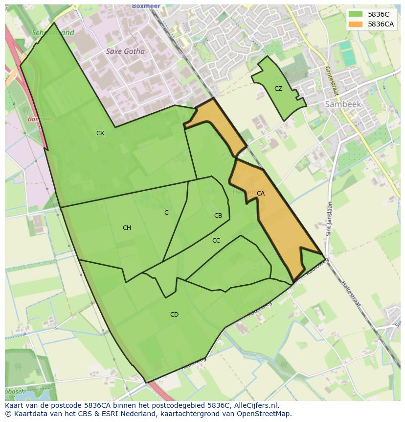 Afbeelding van het postcodegebied 5836 CA op de kaart.