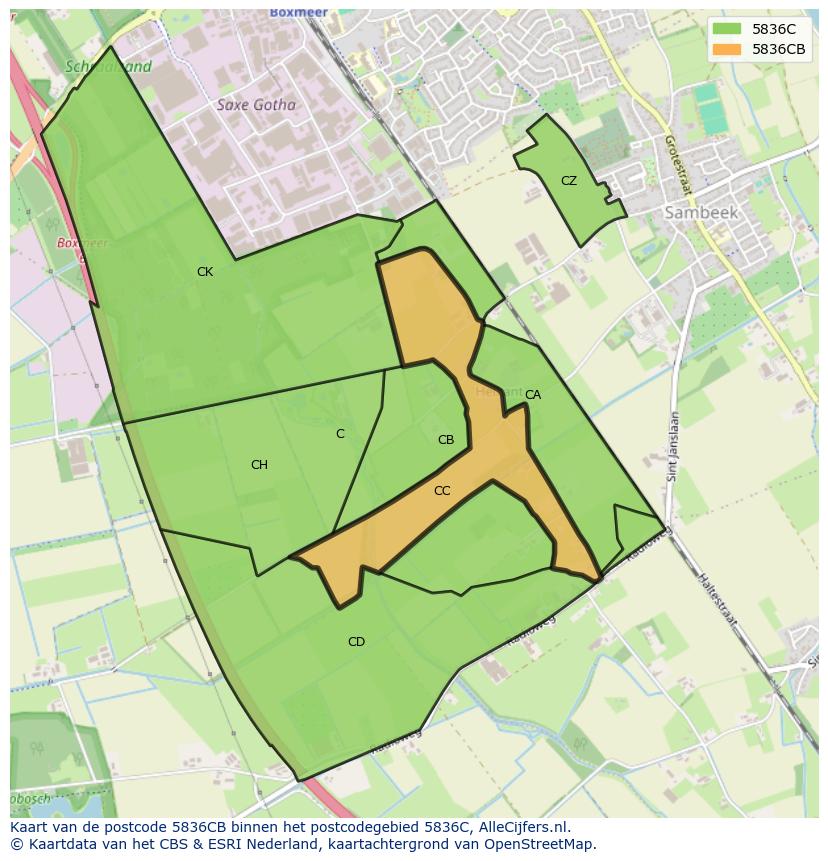 Afbeelding van het postcodegebied 5836 CB op de kaart.
