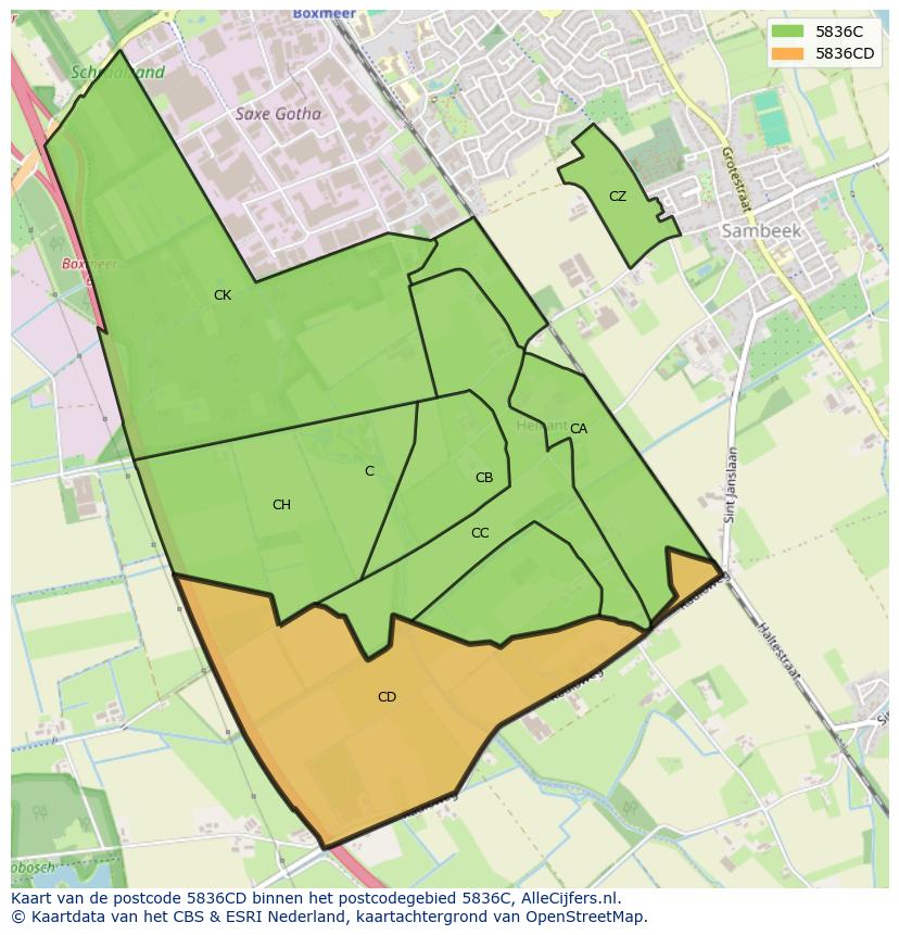 Afbeelding van het postcodegebied 5836 CD op de kaart.