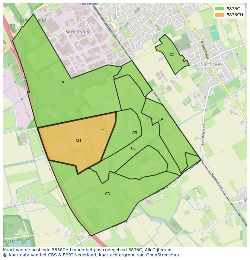 Afbeelding van het postcodegebied 5836 CH op de kaart.