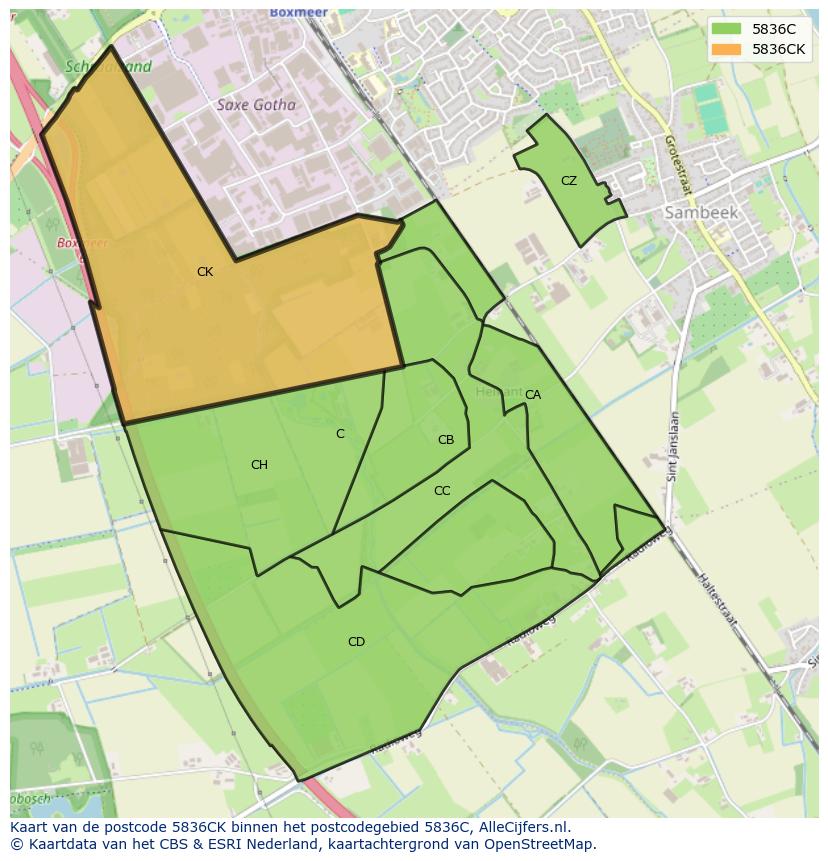 Afbeelding van het postcodegebied 5836 CK op de kaart.