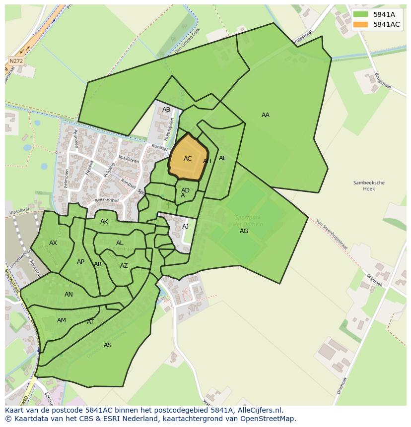 Afbeelding van het postcodegebied 5841 AC op de kaart.