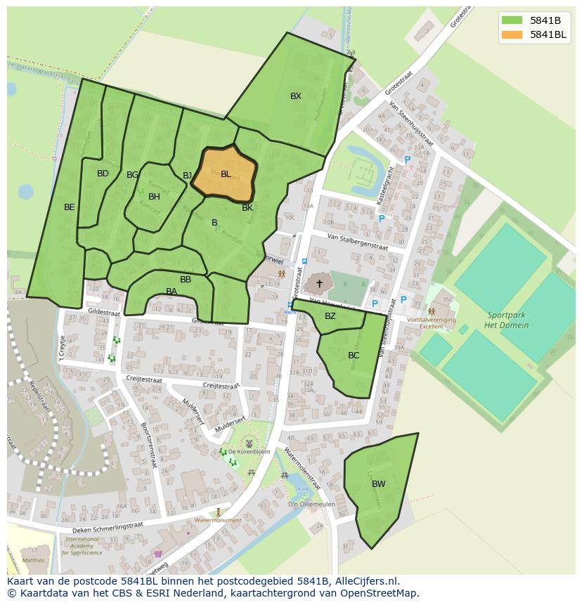 Afbeelding van het postcodegebied 5841 BL op de kaart.