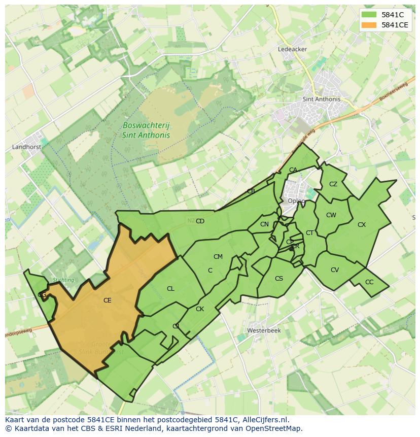 Afbeelding van het postcodegebied 5841 CE op de kaart.
