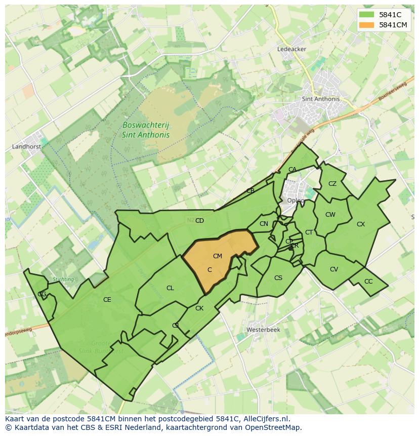 Afbeelding van het postcodegebied 5841 CM op de kaart.
