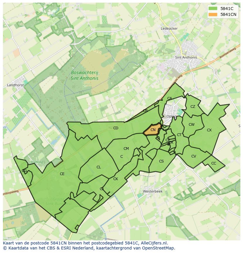 Afbeelding van het postcodegebied 5841 CN op de kaart.