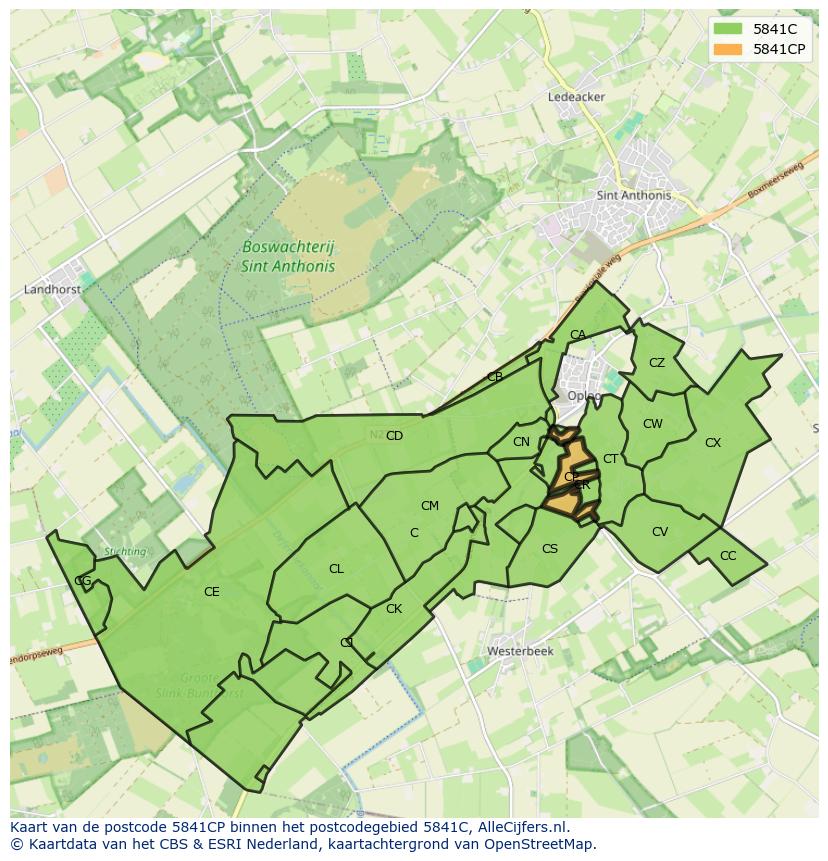Afbeelding van het postcodegebied 5841 CP op de kaart.