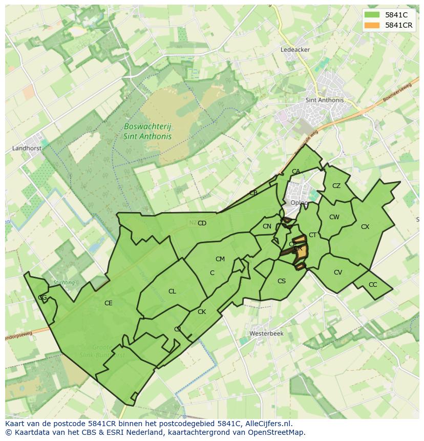 Afbeelding van het postcodegebied 5841 CR op de kaart.