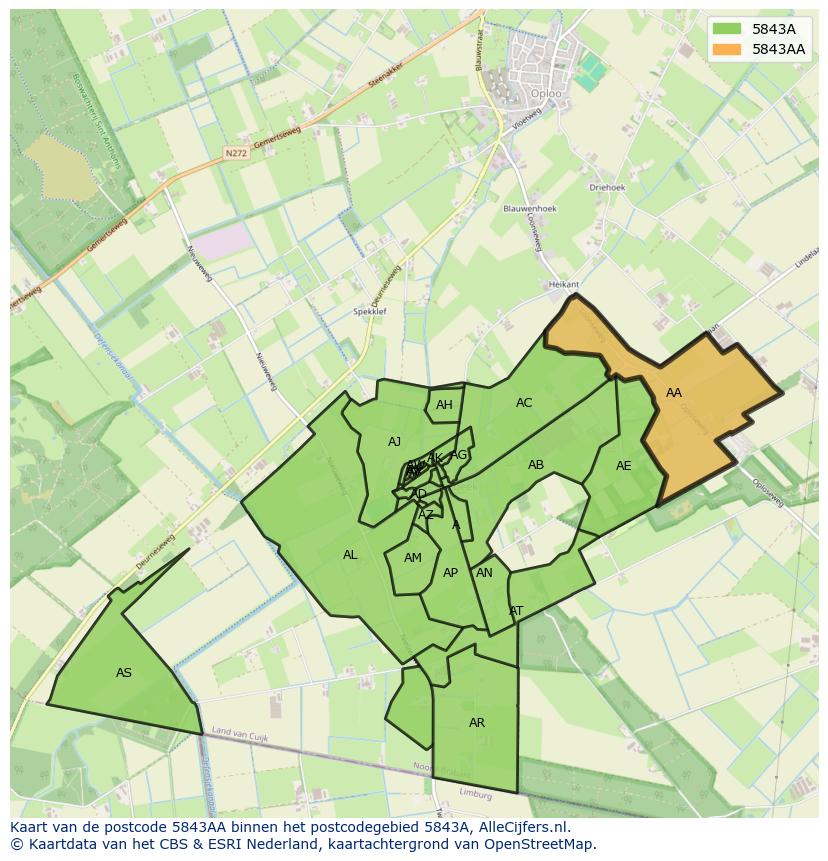 Afbeelding van het postcodegebied 5843 AA op de kaart.
