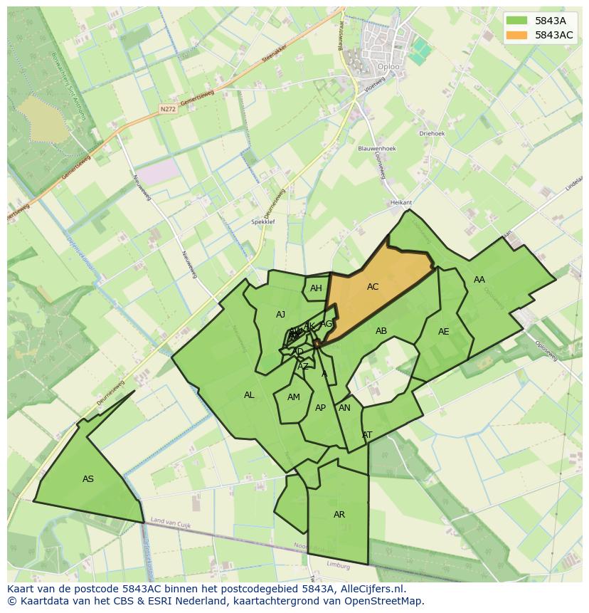Afbeelding van het postcodegebied 5843 AC op de kaart.