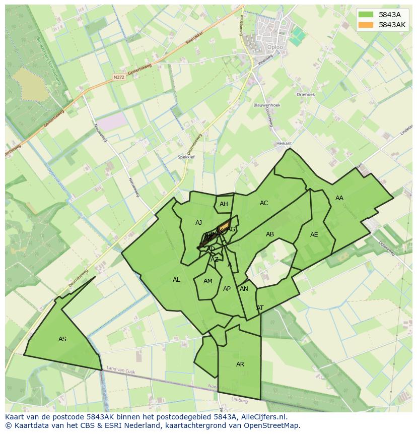 Afbeelding van het postcodegebied 5843 AK op de kaart.