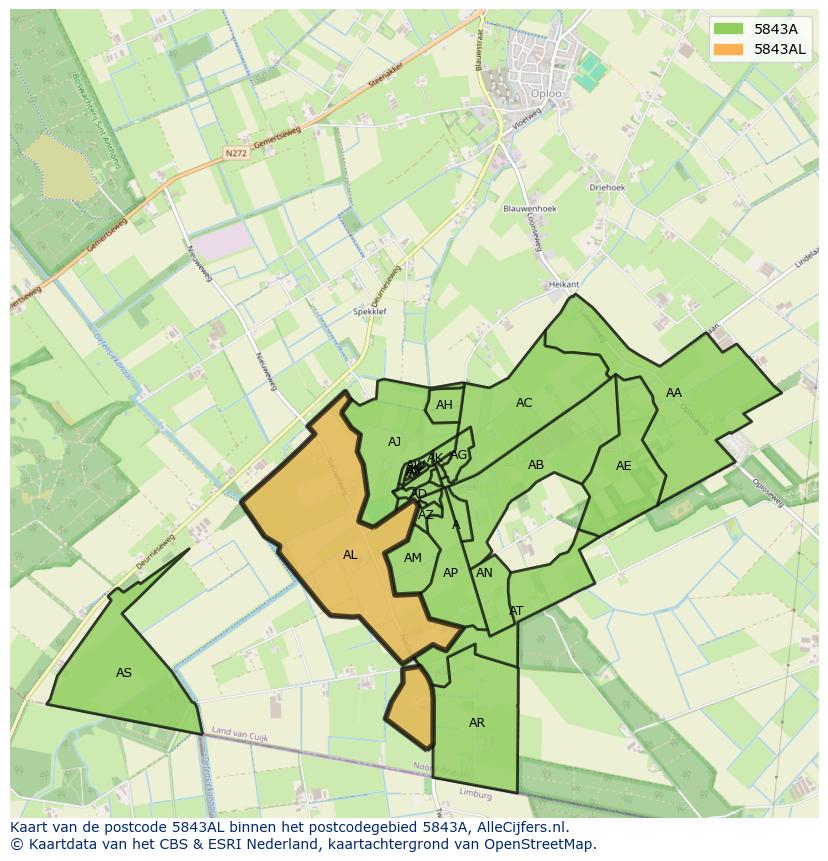 Afbeelding van het postcodegebied 5843 AL op de kaart.