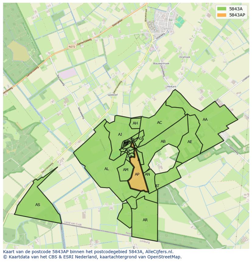 Afbeelding van het postcodegebied 5843 AP op de kaart.