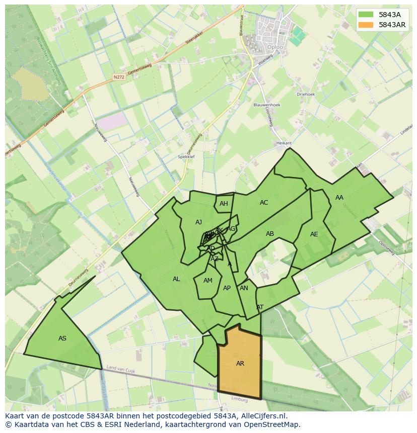 Afbeelding van het postcodegebied 5843 AR op de kaart.