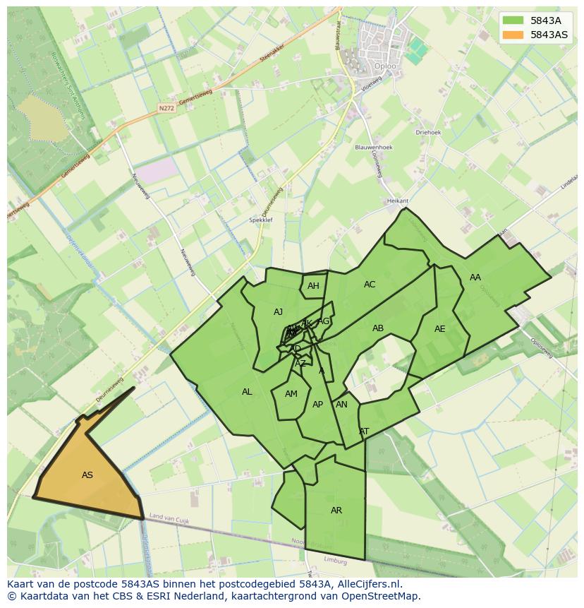 Afbeelding van het postcodegebied 5843 AS op de kaart.