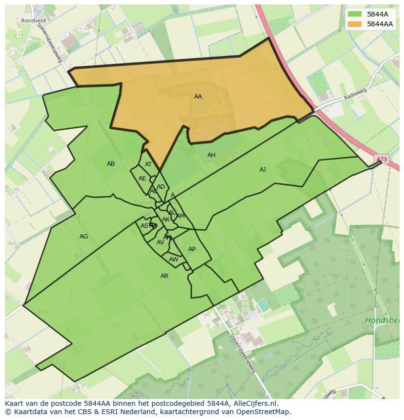 Afbeelding van het postcodegebied 5844 AA op de kaart.