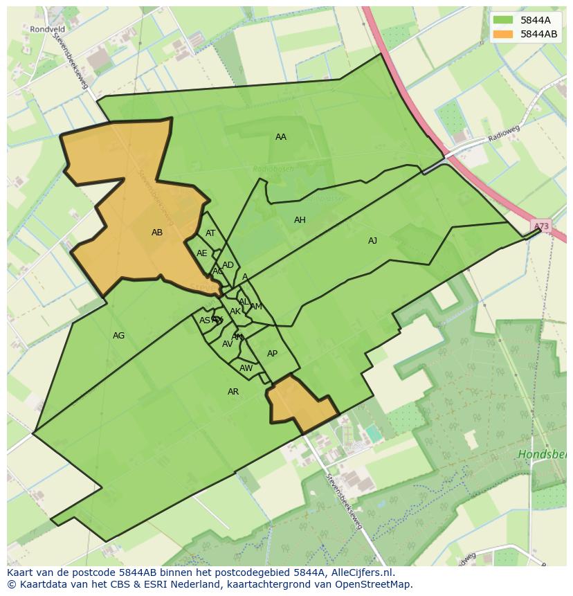 Afbeelding van het postcodegebied 5844 AB op de kaart.