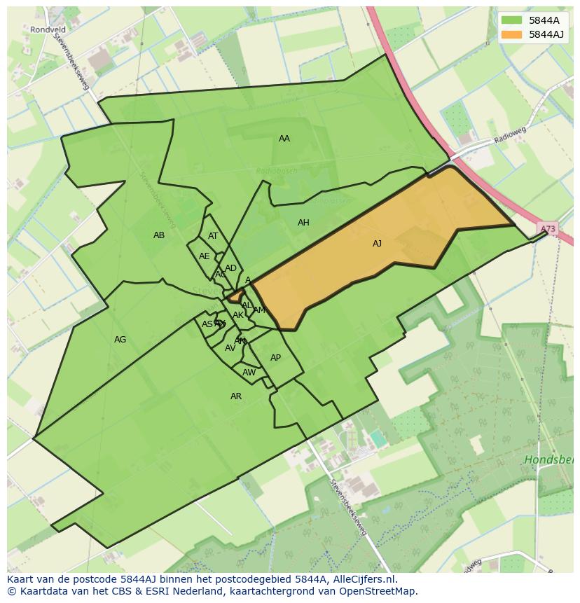 Afbeelding van het postcodegebied 5844 AJ op de kaart.