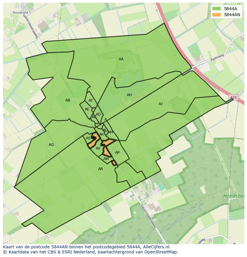 Afbeelding van het postcodegebied 5844 AN op de kaart.