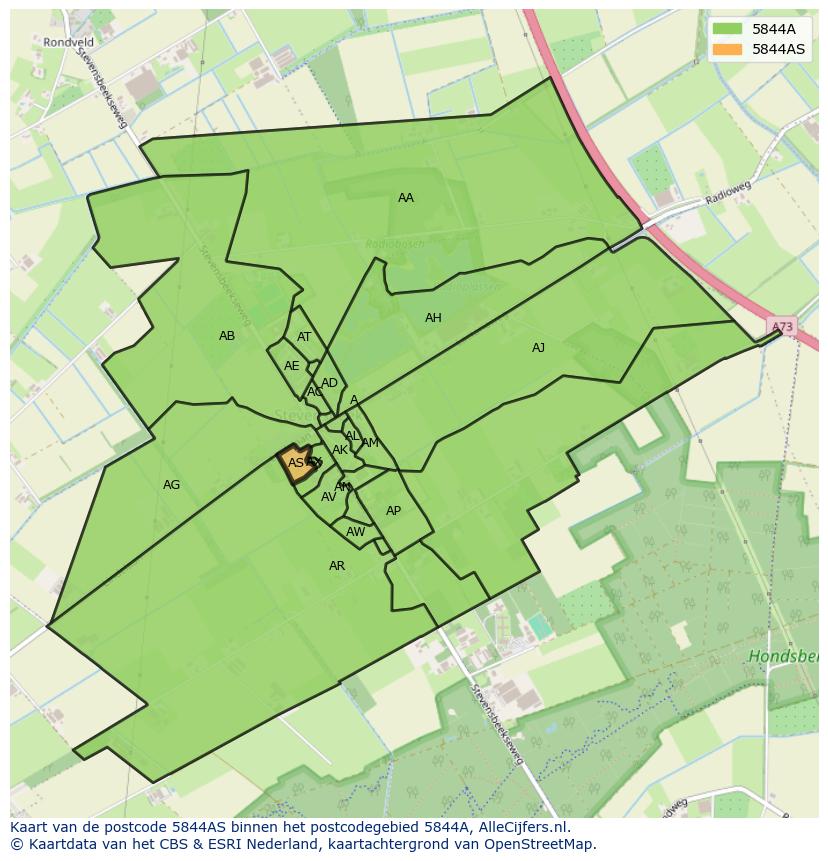 Afbeelding van het postcodegebied 5844 AS op de kaart.