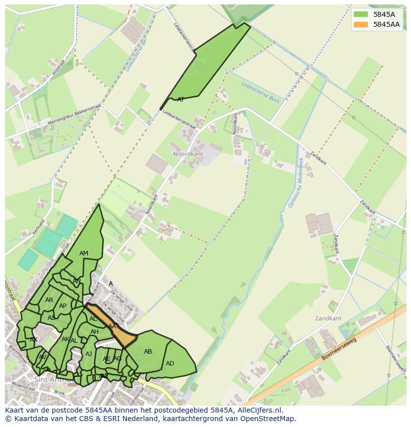 Afbeelding van het postcodegebied 5845 AA op de kaart.