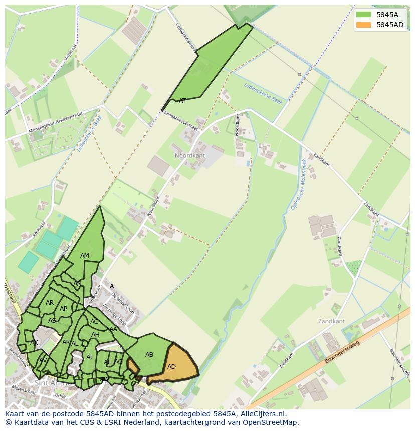 Afbeelding van het postcodegebied 5845 AD op de kaart.