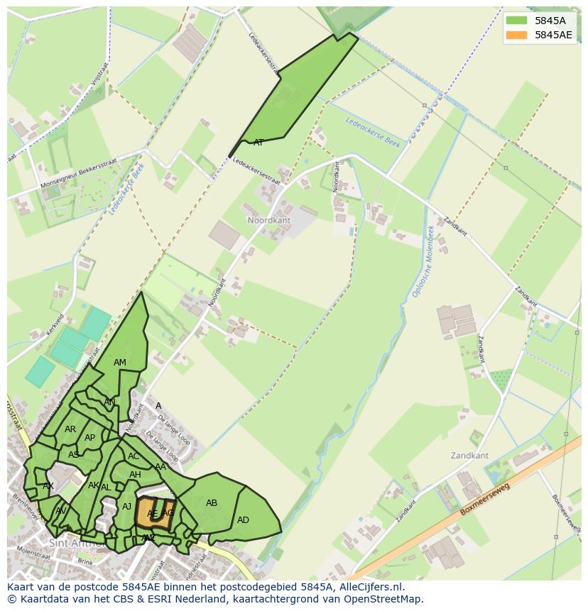 Afbeelding van het postcodegebied 5845 AE op de kaart.