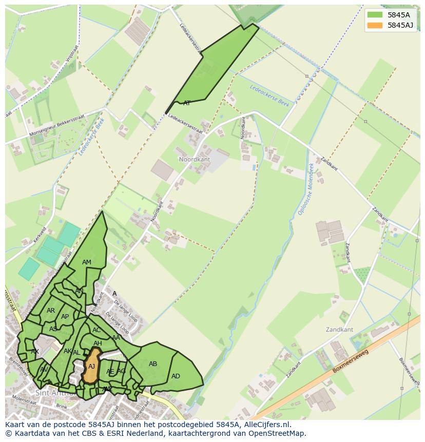 Afbeelding van het postcodegebied 5845 AJ op de kaart.