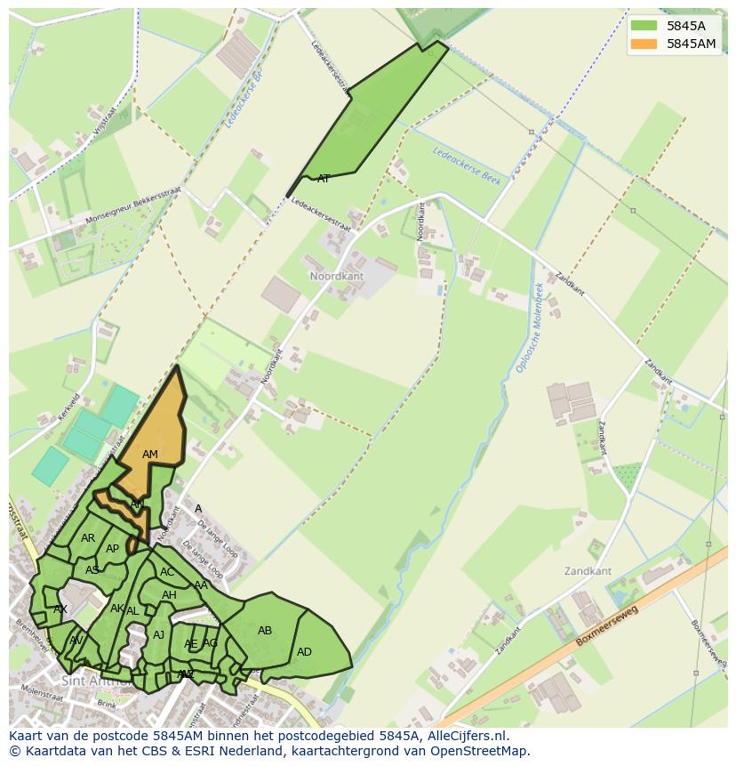 Afbeelding van het postcodegebied 5845 AM op de kaart.