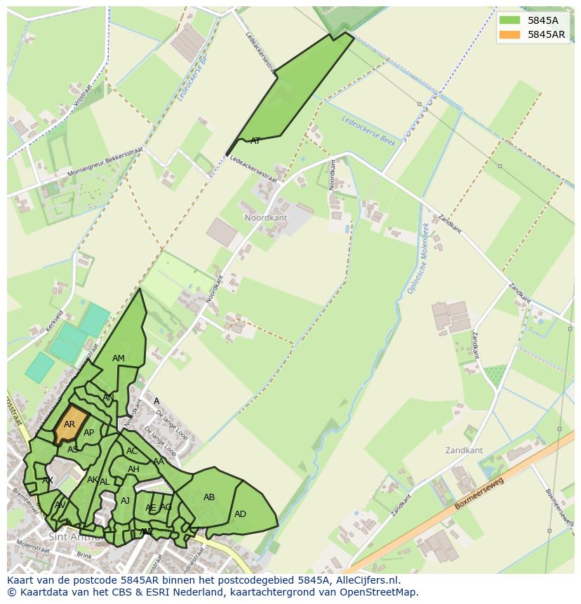Afbeelding van het postcodegebied 5845 AR op de kaart.