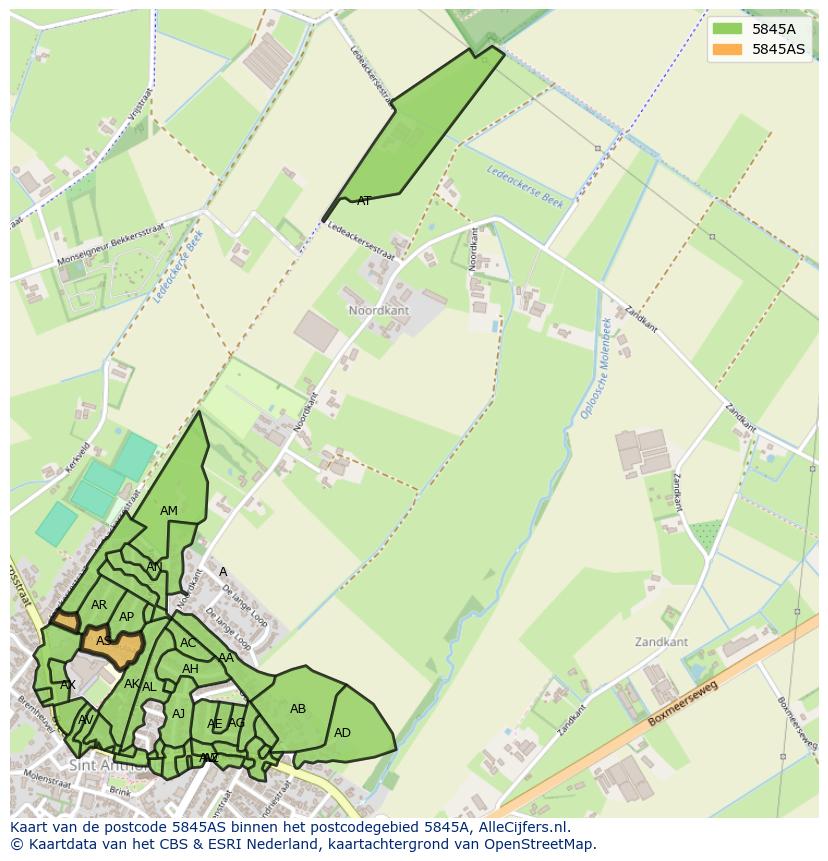 Afbeelding van het postcodegebied 5845 AS op de kaart.