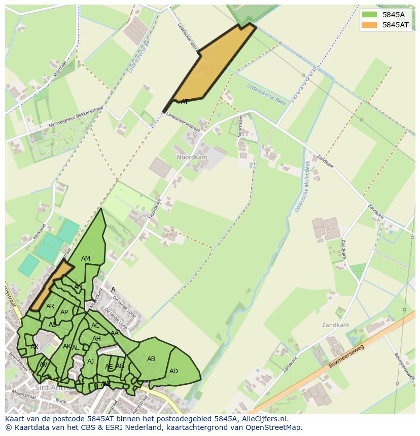 Afbeelding van het postcodegebied 5845 AT op de kaart.