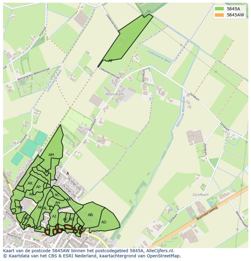 Afbeelding van het postcodegebied 5845 AW op de kaart.