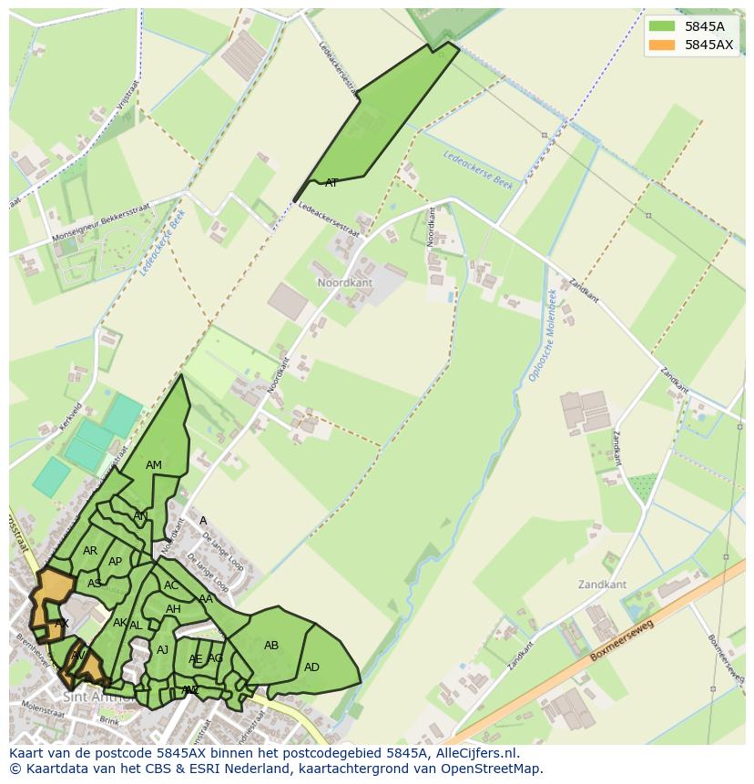 Afbeelding van het postcodegebied 5845 AX op de kaart.