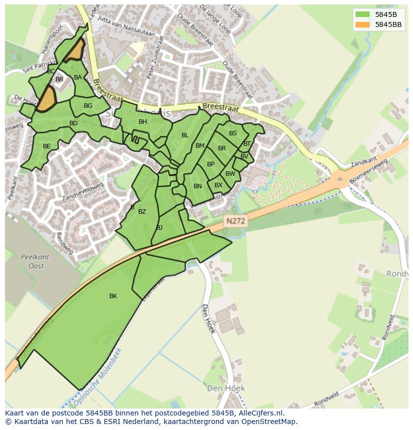 Afbeelding van het postcodegebied 5845 BB op de kaart.