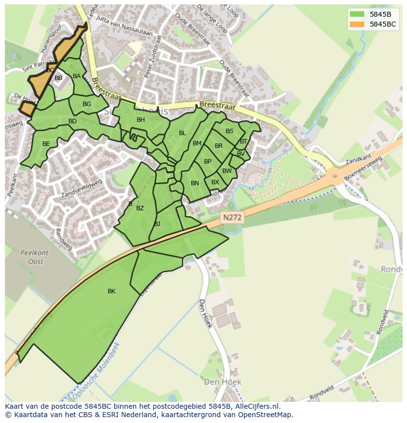 Afbeelding van het postcodegebied 5845 BC op de kaart.