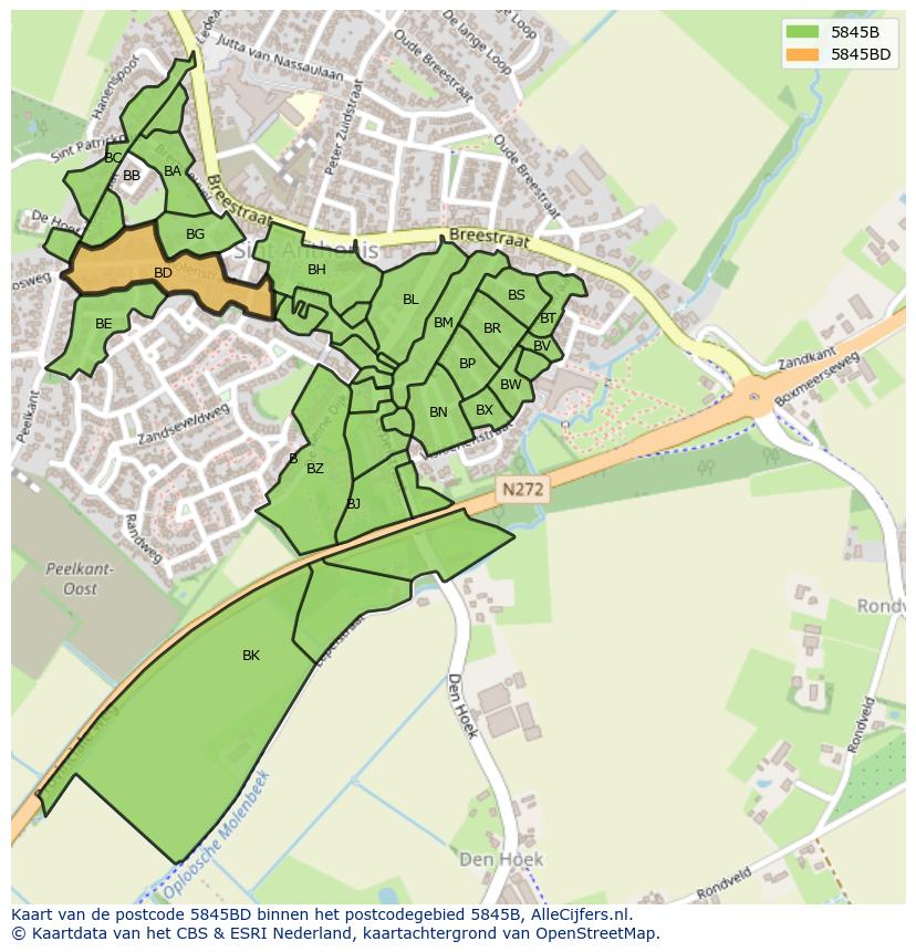 Afbeelding van het postcodegebied 5845 BD op de kaart.