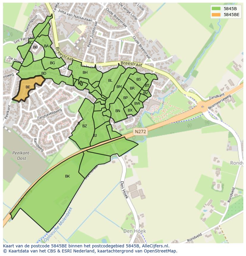 Afbeelding van het postcodegebied 5845 BE op de kaart.