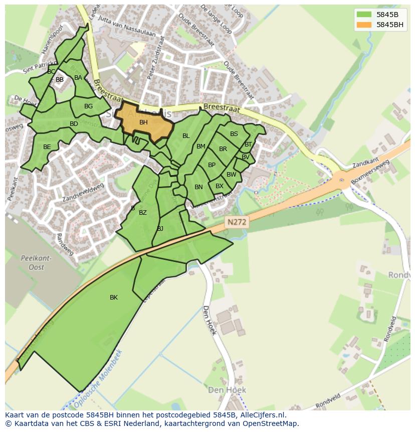 Afbeelding van het postcodegebied 5845 BH op de kaart.