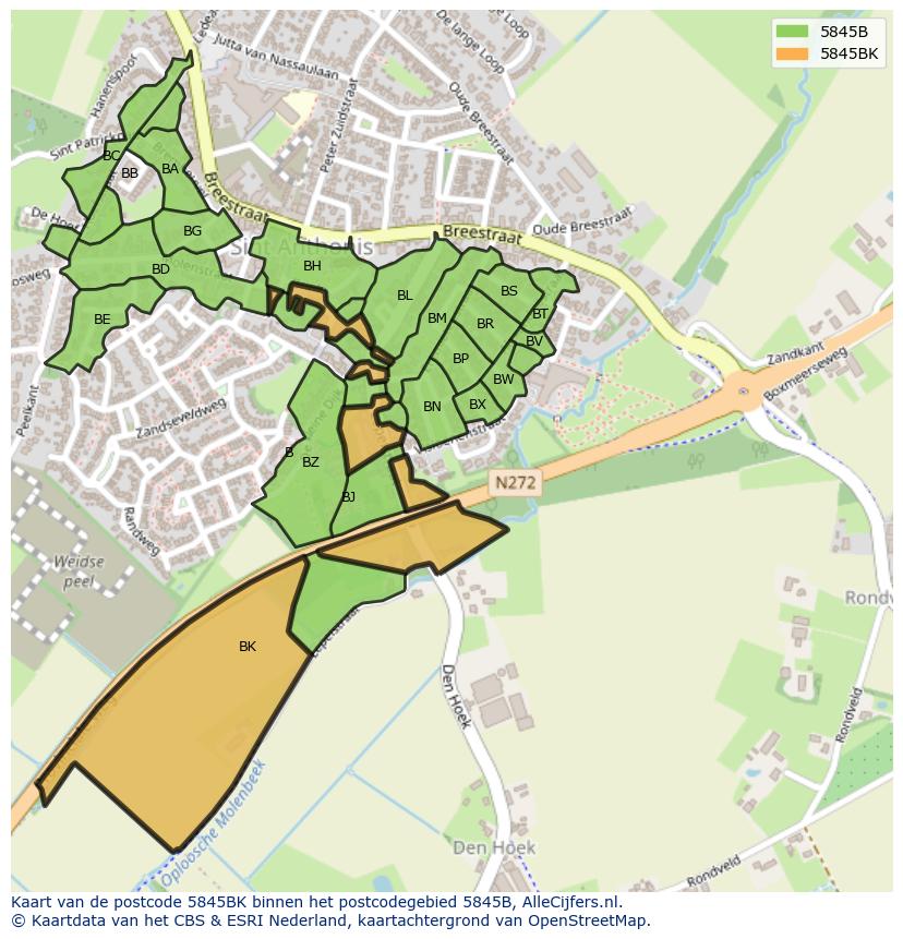 Afbeelding van het postcodegebied 5845 BK op de kaart.