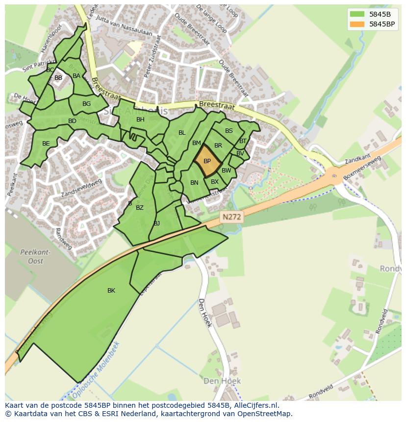 Afbeelding van het postcodegebied 5845 BP op de kaart.