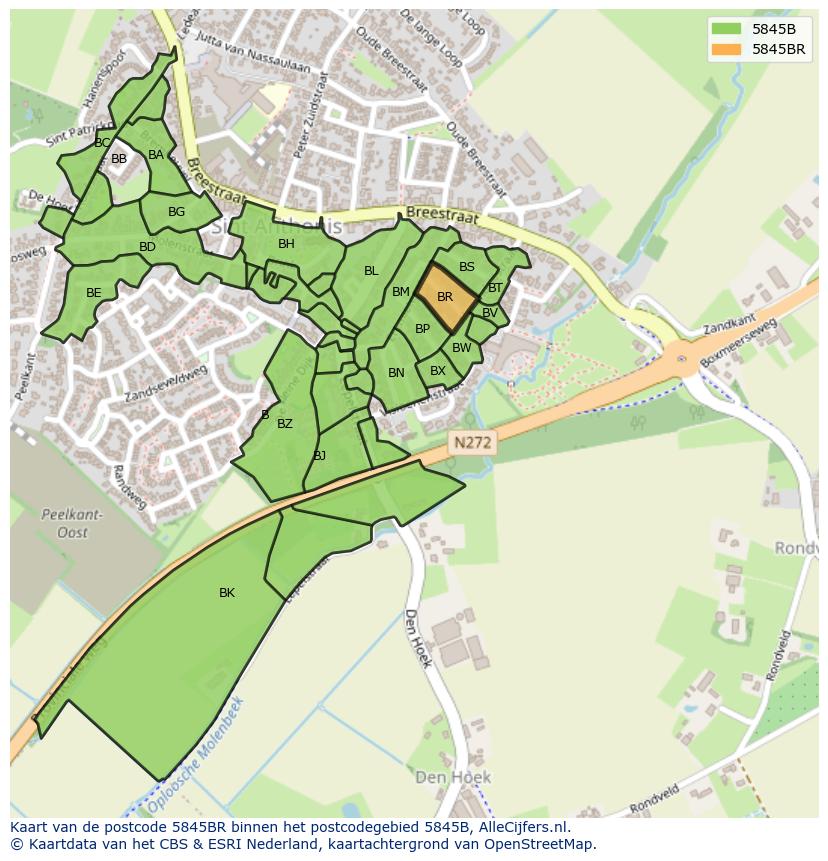 Afbeelding van het postcodegebied 5845 BR op de kaart.