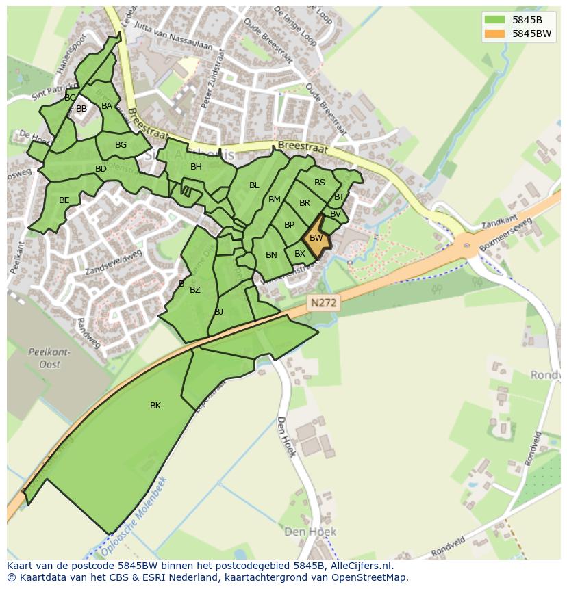 Afbeelding van het postcodegebied 5845 BW op de kaart.