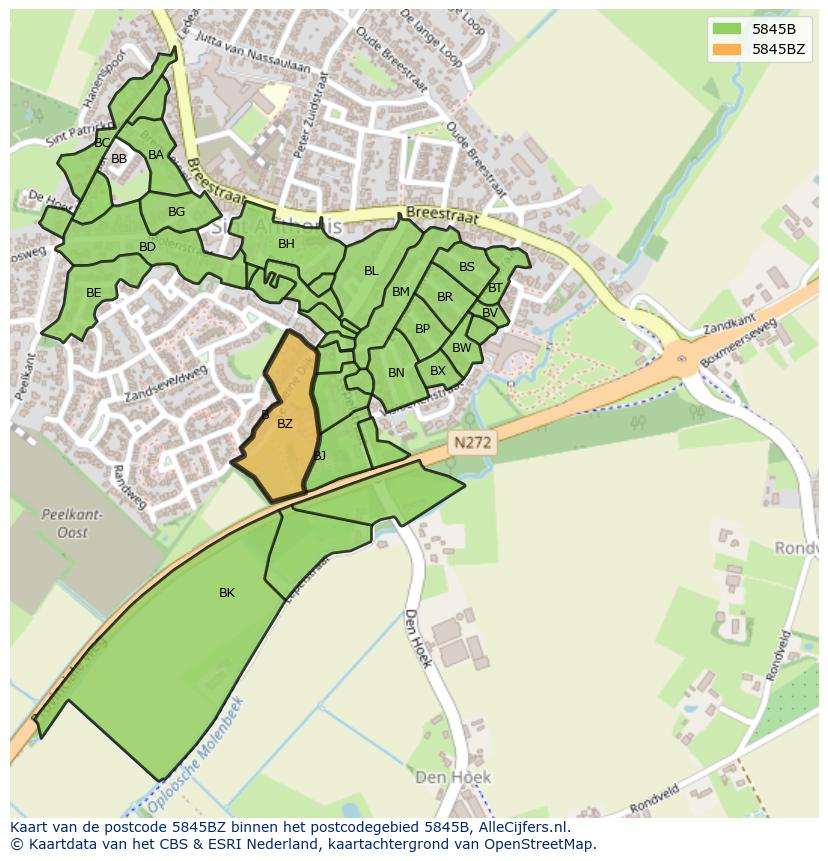 Afbeelding van het postcodegebied 5845 BZ op de kaart.