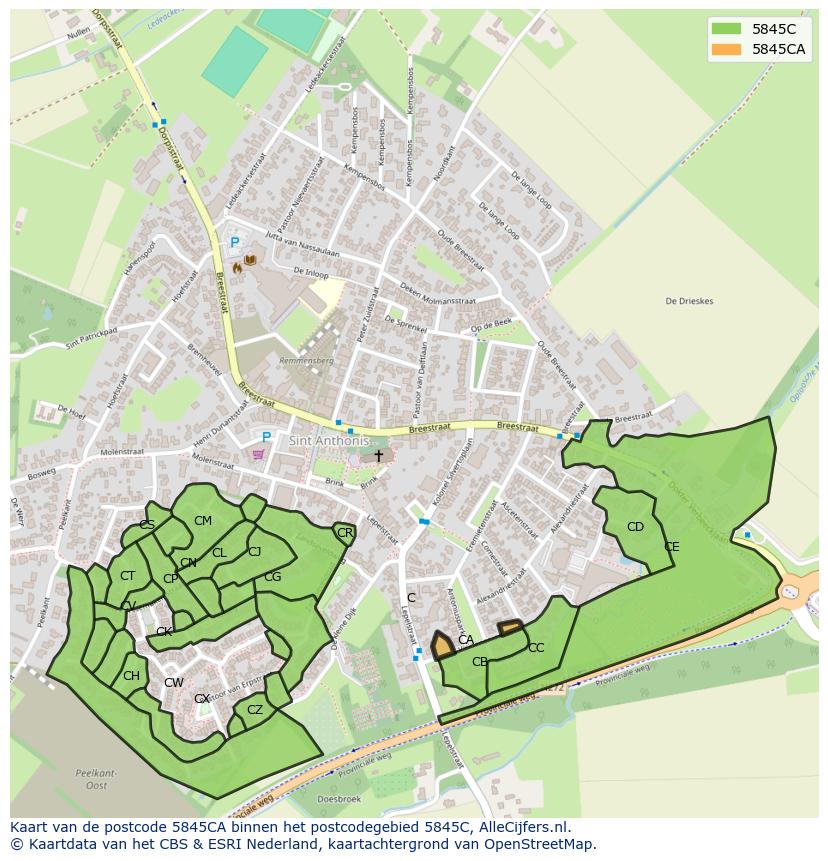 Afbeelding van het postcodegebied 5845 CA op de kaart.