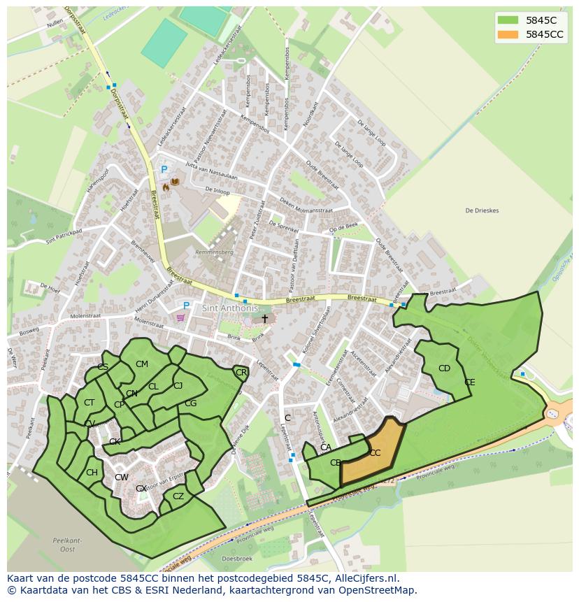 Afbeelding van het postcodegebied 5845 CC op de kaart.