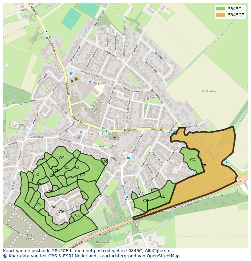 Afbeelding van het postcodegebied 5845 CE op de kaart.